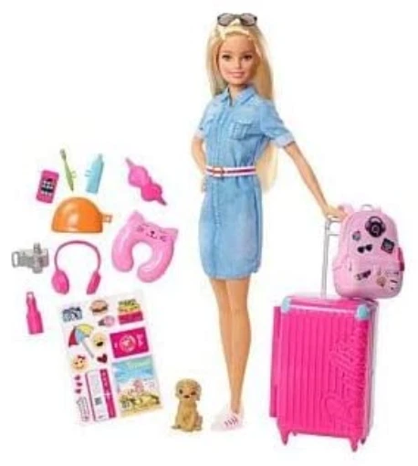 Barbie FWV25​ Travel Doll, Blonde, with Puppy, Opening Suitcase, Stickers and 3
