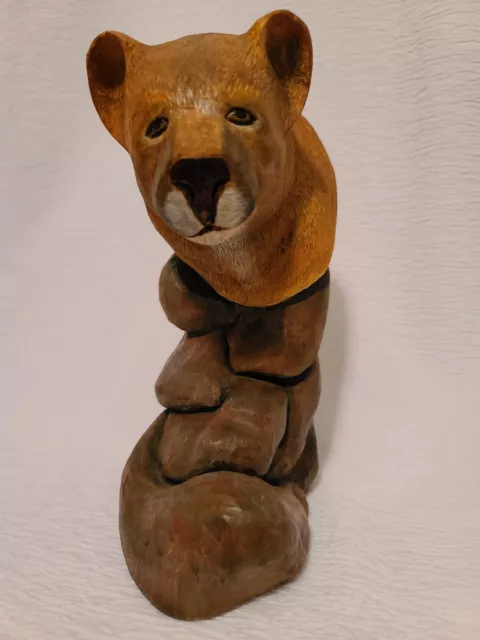 Mountain Lion Cougar Head Wood Carved Sculpture Art Hand Made Animal Carving