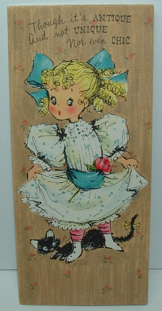 OLD-FASHIONED LITTLE GIRL, Cat - 1950's Vintage HALLMARK Birthday Card