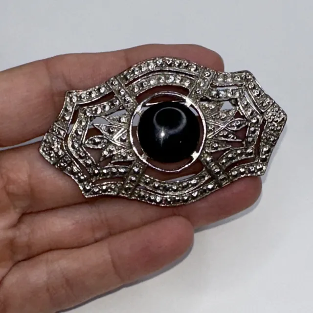 Vtg Brooch Art Deco Victorian Design Black Stone Faux Marcasite Pin