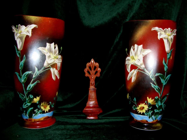 Pr 11-3/4" Victorian Hand Painted Bristol Glass Lily Daisy Mountain Scene Vases