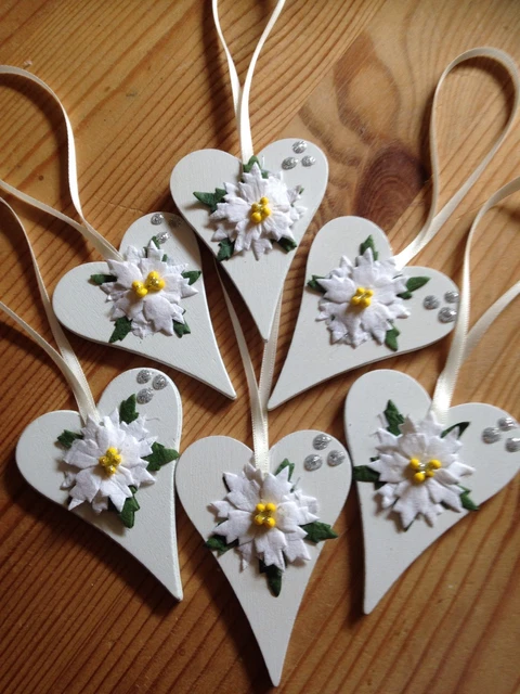 6 x Handmade Christmas Hanging Decorations Poinsettia Flowers White
