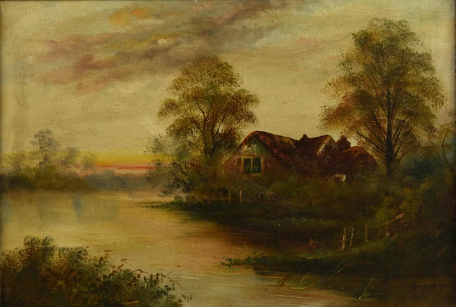 Scuola Inglese del XIX secolo QUADRO DIPINTO OLIO su Tela OLD PAESAGGIO LACUSTRE