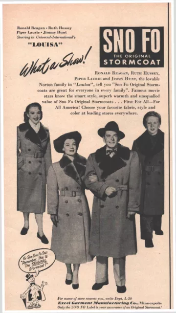 1950 Sno Fo Storm Coat Ronald Reagan before President Vintage Magazine Print Ad