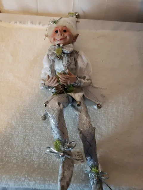 Robert Stanley Elf Posable Silver and White Christmas Hanging Sitting Elf 16 in