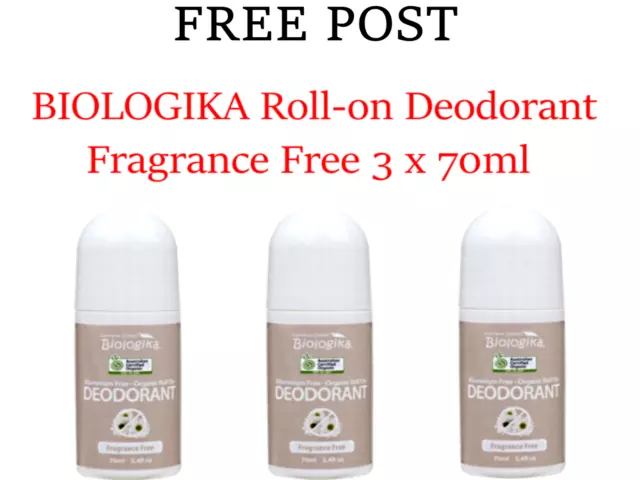 3 x 70ml BIOLOGIKA Fragrance Free Roll On Deodorant  *  FREE POST