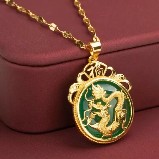 Natural 24K Gold Dragon Green Jade Pendant Men Women Fengshui Luck Necklace Gift