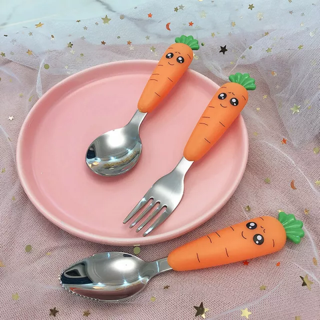 1 Pc Baby stainless steel tableware cartoon radish spoon fork feeding ~m'