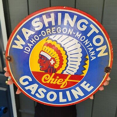 Old Vintage Washington Chief Gasoline Motor Oils Porcelain Gas Pump Metal Sign