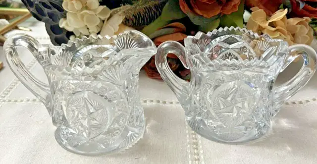 Cut Glass Floral Design Sugar and Creamer Set