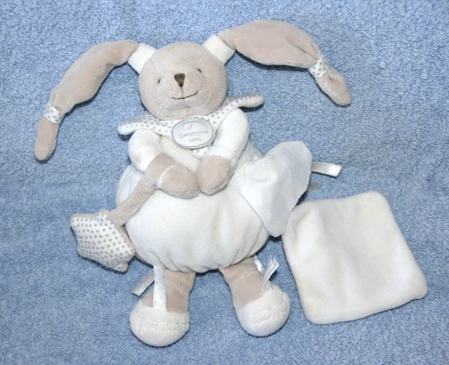 Doudou Et Compagnie Lapin Celeste Boule Mouchoir Blanc Gris Etoiles Kom9