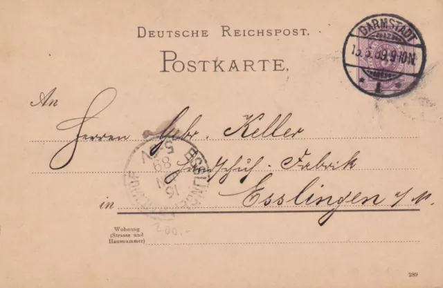 DR  P 18 - Bahnpost Darmstadt - Esslingen Bahnhof  (K 1) 1889