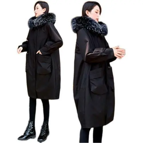 Winter Womens Big Fur Collar Down Parka Coat Mid Long Loose Warm Chic Overcoat L