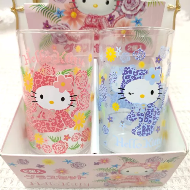 Sanrio Hello Kitty 2 Glass Set Kitty Sweet Flower Leopard Vintage Japan 2002RARE