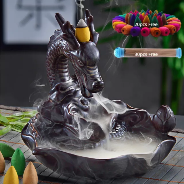 Ceramic Incense Burner Dragon Backflow Waterfall 20pcs Cones 30pcs Sticks Gift