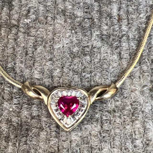 10K  Vintage  Yellow Gold Ruby Heart Necklace 17"- 6.3 Grams