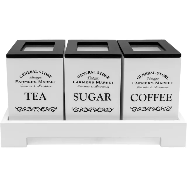 White Wooden Kitchen  Retro Tea Coffee Sugar 3 Piece Canister Set with Stand