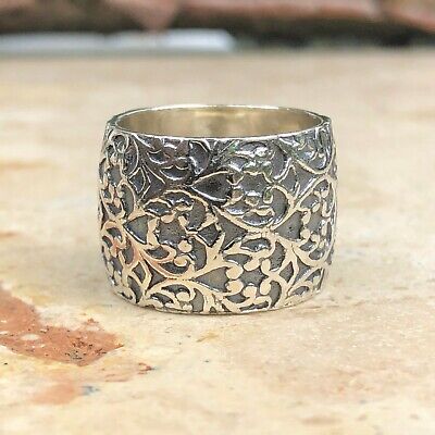 Sterling Silver Matte Textured Wide Floral Design Cigar Band Ring NEW Size 9