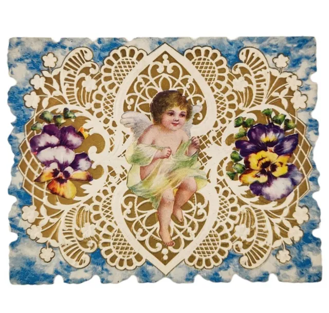 Cherub Angel Victorian Valentine Card Antique Lace Gold Hearts Pansies Die Cut