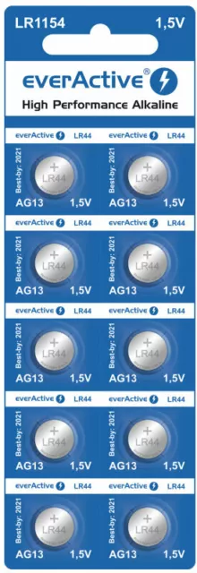 10 Stück Batterien Knopfzellen everActive G13 LR1154 LR44 MHD: 2024