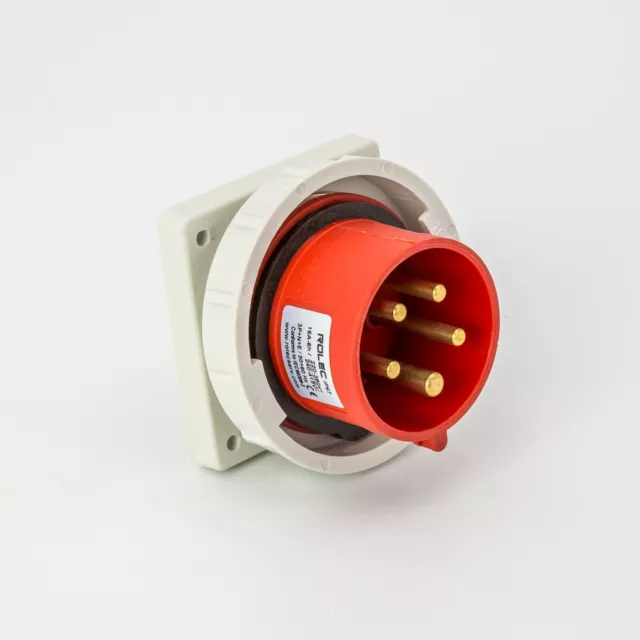 ROLEC 32 Amp 5 Pin Red Panel Mount Inlet Plug 415V IP67 Waterproof 3 Phase