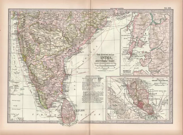 1897 Antique Century Atlas Map-India, Southern Part-China-Excellent Detail