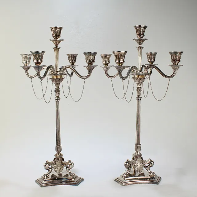 Pair Elkington & Co Neoclassical Revival Silver Plated Five-Light Candelabra SL