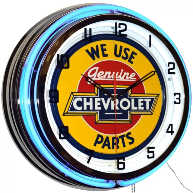19" We Use Genuine Chevrolet Parts Sign Double Neon Clock Garage Decor (Blue)