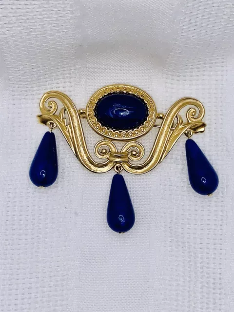 Trifari Faux Lapis Blue Dangle Brushed Gold Tone Brooch Signed