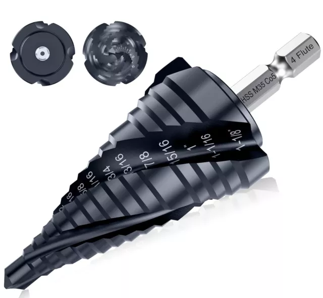 1/4"-1-1/8" M35 Cobalt Step Drill Bit with Four Spiral Flutes 1/4" Hex Shank
