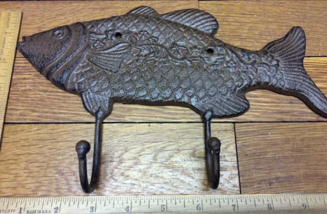 FISH COAT HOOK Cast Iron Rustic Wall Key Rack Fishing Lodge Cabin Leash Pond