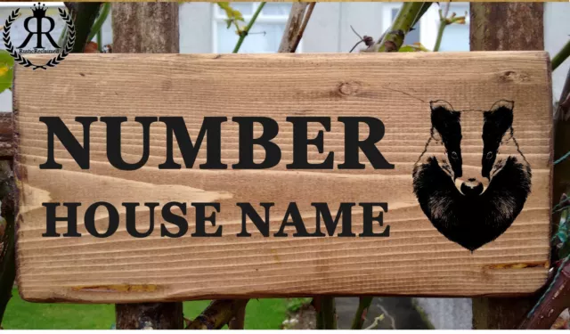 Rustic Badger House Gate Sign Plaque Door Number Personalised Name Plate Wooden