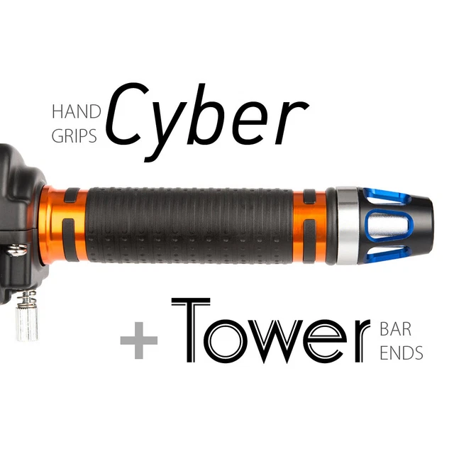 KiWAV Motorcycle Cyber Grips Orange with Tower Bar Ends Blue/Silver
