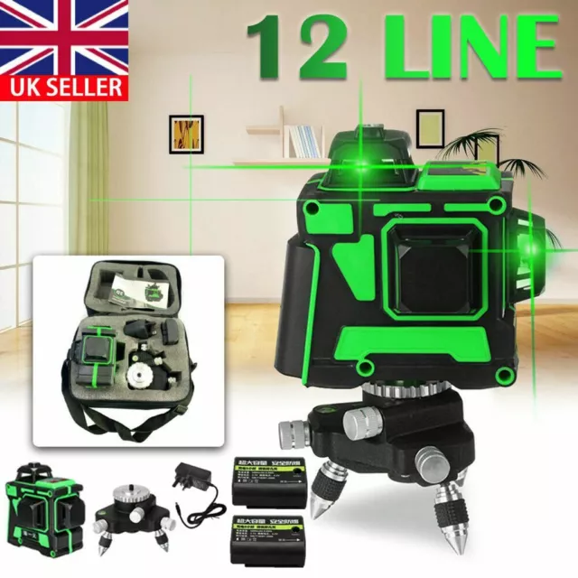 12 Line Laser Level Green Self Leveling 3D Cross Measure Tool Kit + 2 Batteries