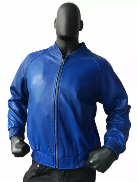 MEN'S BLUE 100% Real Lambskin Leather Stylish Bomber Biker Jacket ...