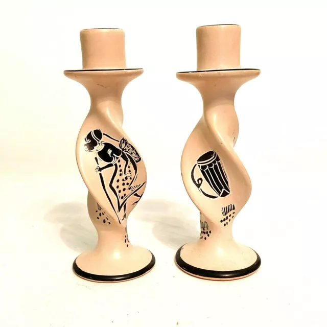 African Candlestick Holders Soapstone Kenya Handcrafted Painted Etched Ethnic