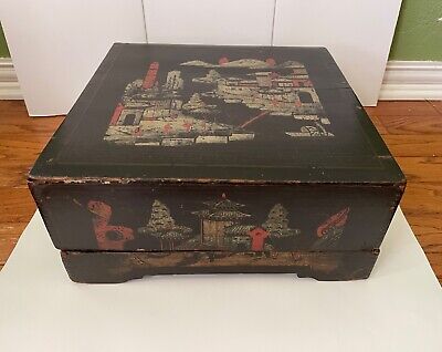 antique/vintage large square Chinese hand painted black lacquer wood box & lid