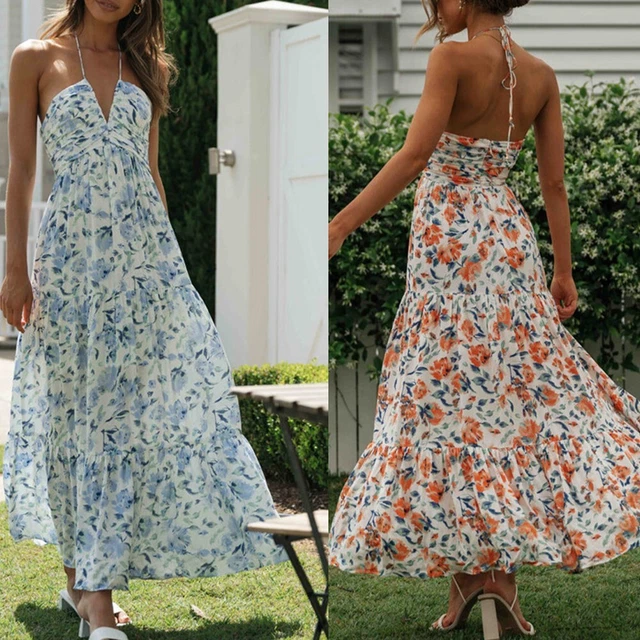 Abito da donna chiffon collo vita alta vacanze abito lungo senza maniche estate