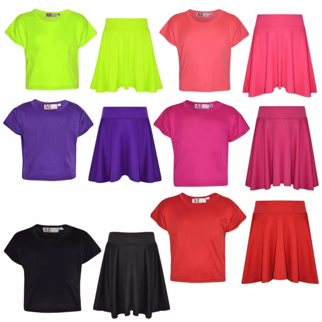 Girls Top Kids Plain Color Stylish Crop Top & Skater Skirt Set Age 5-13 Years