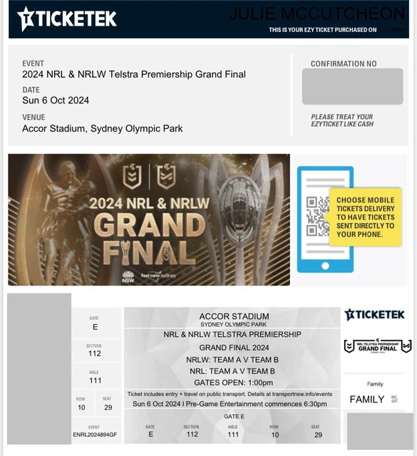 2024 NRL GRAND Final Tickets X 6 (Family+Adult+Child) Section 112