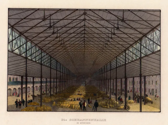 München Die Schrannenhalle in Original Stahlstich 1855 Koloriert Ansicht Bayern