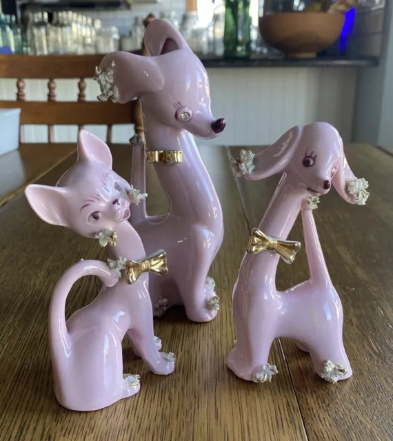 3 Lefton Rhinestone Cat Dog Pink Spaghetti Figurines Vase Vintage Made In Japan