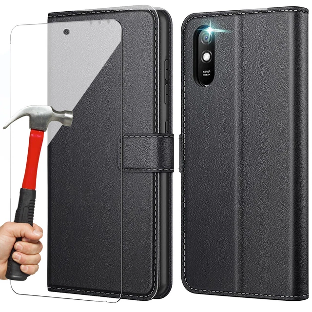 Coque Effet Cuir Redmi 9 9A 9C 9T Flip Case Etui Portefeuille + 2 Verres Trempés