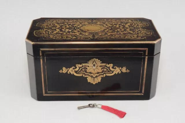 French Napoleon III tea caddy box ebony brass inlay Boulle circa.1870 ET