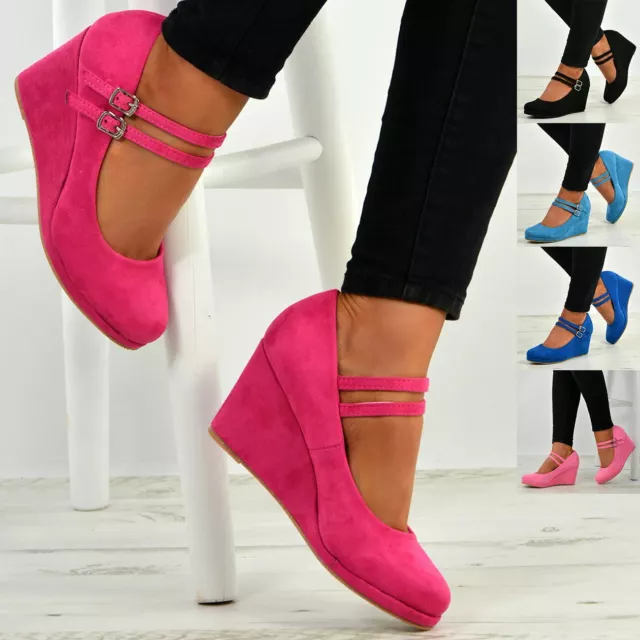 Womens Ladies High Wedge Heel Pumps Platform Double Strap Shoes Size Uk 3-8