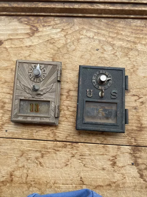 2 Vintage U.S. Post Office Brass Mail Box Doors Flying Eagle & Early US NO RESV