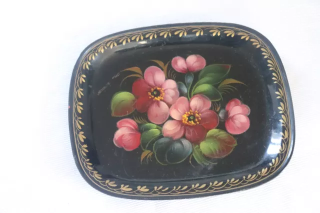 Ancien petit plateau en métal, noir & doré fleurs  20.6 cm / 17.7cm