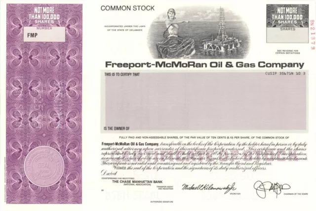 Freeport-McMoRan Oil and Gas Co. - Specimen Stock Certificate - Specimen Stocks