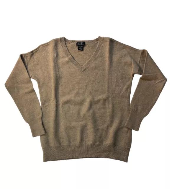 Lord & Taylor Sweater Pullover V-Neck Extra Fine Merino 100% Wool Beige Medium