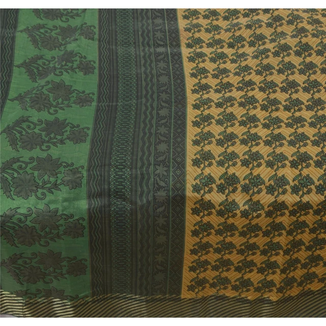 Tcw  Vintage Cream Sarees Art Silk Printed Golden Border Fabric Decor Sari